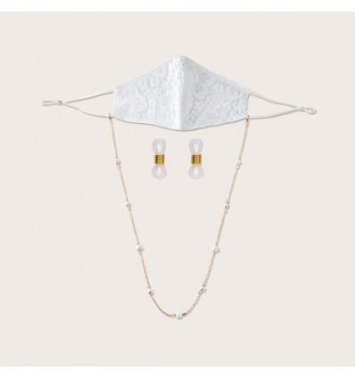 CM-16016 Mascherina pizzo BIANCO c/catenina perle artificiali